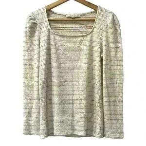 Loft Petite Womens White and Gold Metallic Long Sleeve Blouse Size Large